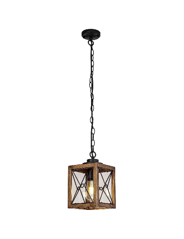 Wireless track lighting for easy installationRoland Pendant, 1 x E27, Wood Effect & Black/Clear Glass, IP54, 2yrs Warranty